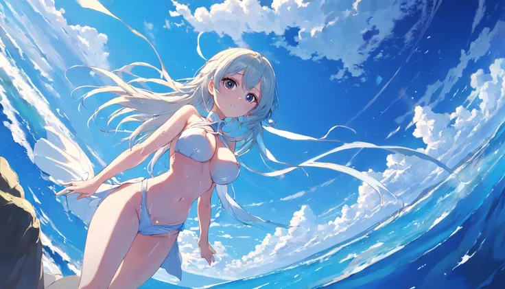 anime big breast、author：Shinkai sincerely、Faraway view、Landscapes、vanishing point、Outrageous resolution、A high resolution、ultra - detailed、The upper part shows a clean sky、Below is the sea、Bright atmosphere、fanciful、magia、Mare、In the daytime、Clean blue sky...