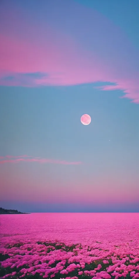 Pink moon, pink sky, soft pink clouds, pink ocean waves sparkling, sparkling, pink roses on pink ocean, fantasy, diamond, crown, universe, soft lights,