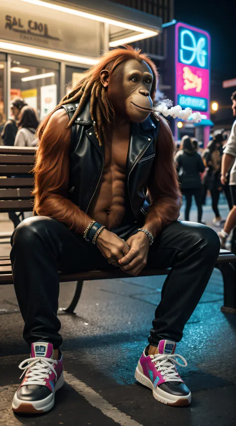 A high resolution photo of a giant orangutan sitting on a bench, metropolis location, smoking a very large joint, contented face, colorful dreadlocks hairstyle, blowing smoke, wearing a leather biker vest, the orangutan is wearing colorful sneakers, evenin...