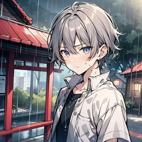 Around 18 years old, young anime man，short white hair 1.5，Wear a plain white shirt，Stand under the eaves of the roadside outside the school（Frown 1.5）（Sweat 1.5）（Rainy weather 1.5）（The background is under the eaves of the roadside at night learning：1.5），An...