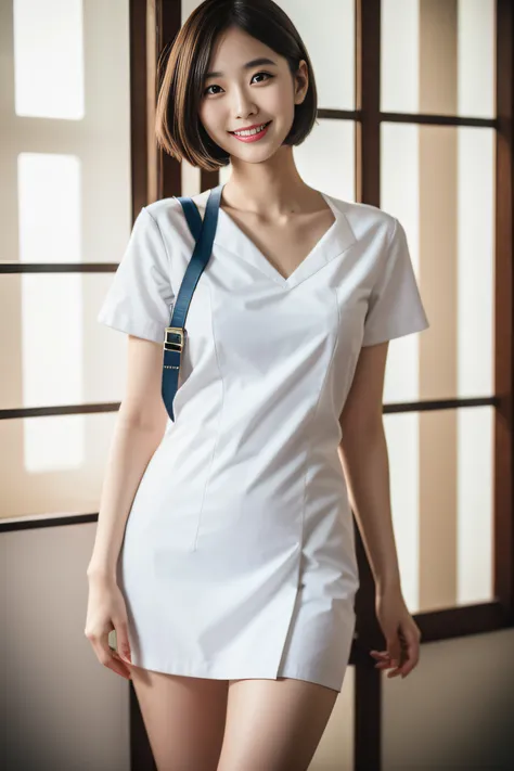 1. Slender girl, flat-chest, white nurse uniforms, bangss, full body Esbian、thighs thighs thighs thighs、with clipboard, A smile, A staff, Cinematographic lighting, (8K, ​masterpiece, Top image quality, Raw photo), action