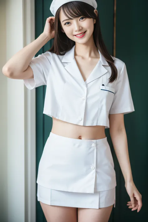 1. Slender girl, flat-chest, white nurse uniforms, bangss, full body Esbian、thighs thighs thighs thighs、with clipboard, A smile, A staff, Cinematographic lighting, (8K, ​masterpiece, Top image quality, Raw photo), action