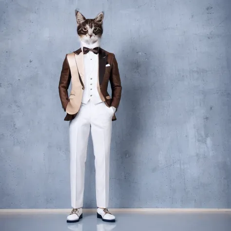 brown cat in white tuxedo and white pants、full body shot+shoe+standing