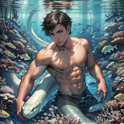 A boy swims at the bottom of the sea，Raised sexy，serpent