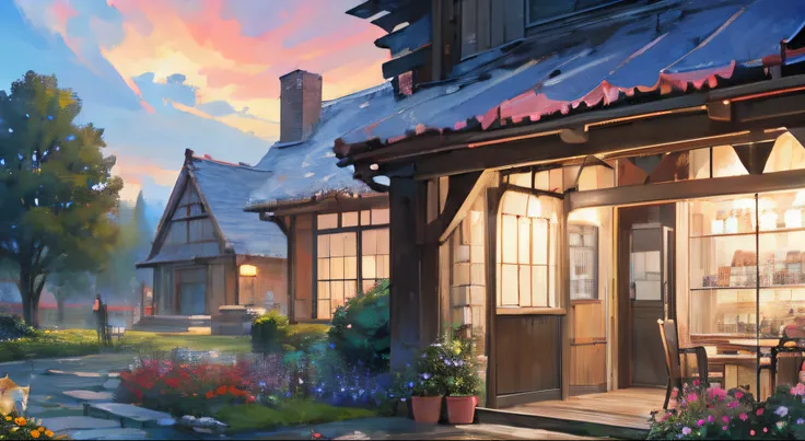 Masterpiece, best quality, official art, extremely detailed CG unity 8k wallpaper, outdoors, animals, spring (seasons), cloudy sky, studio ghibli, garden, village, (flowers), vending machine, cats