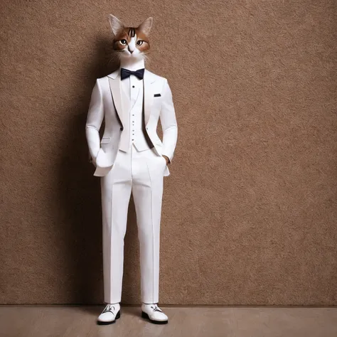 brown cat in white tuxedo and white pants、full body shot+shoe+standing