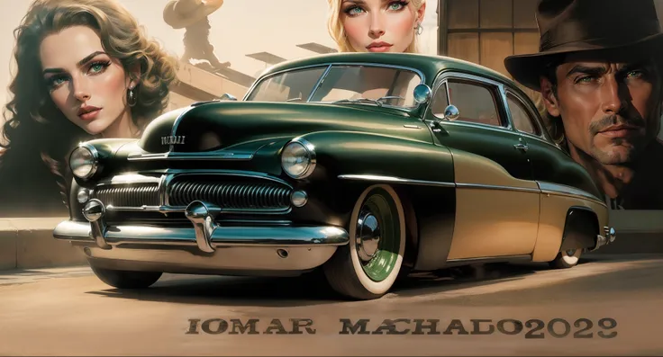 Um Mercury preto e elegante 1949 no foreground, behind the car in the background a beautiful blonde woman, uma pessoa de guarda chuvas atravessando a faixa na pista de rua, a beautiful woman with beautiful green eyes in front of shadows from a framed windo...