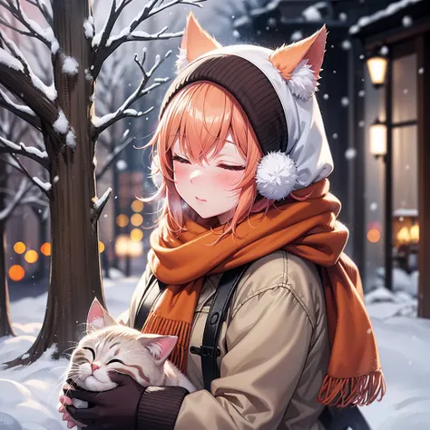 anime style,Catecat,scarf, outdoors, closed eyes, blush, orange scarf, blurry, snow, earmuffs, snowing, winter, blurry background, sitting,facing viewer, orange fur, depth of field, cat,summer,cat, --auto --s2