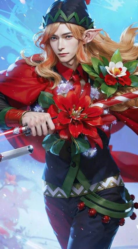 anime boy with a red poinsetti holding a red flower, rossdraws 2. 5, elf boy wearing an flower suit, ultra detail, holding a lightsabre, ultra realistic, realistic handsome face,