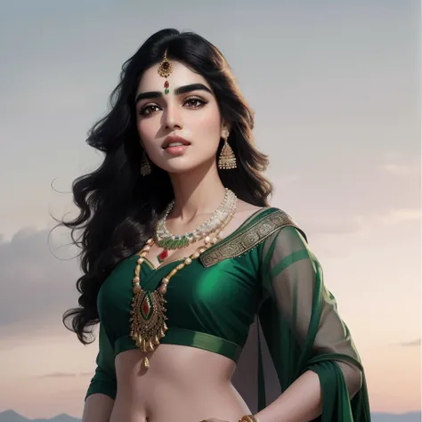 A long black haired realistic girl in beautiful green saree with a white sky As background. Round face with Black eye brows and brown eyes with only a single necklace