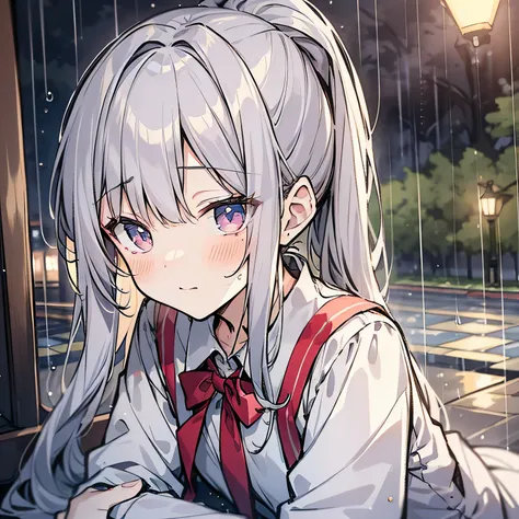 Anime girl around 10 years old，Double ponytail hairstyle 1.5，Long white hair 1.5，Wearing a plain white school uniform，Lying on Daddys back（Shy expression 1.5）（Blush 1.5）（Rainy weather 1.5）（The background is under the eaves of the roadside outside the schoo...