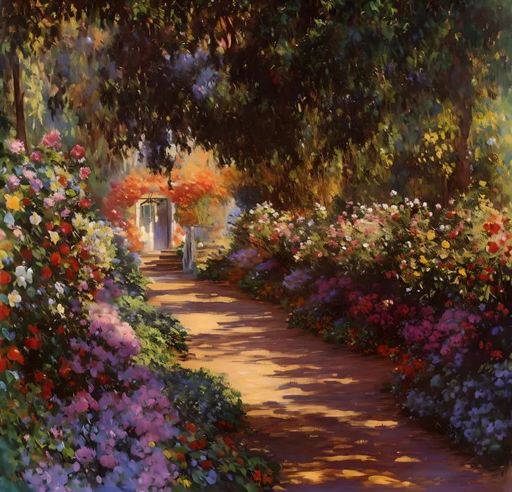 a painting of a path in a garden with flowers and trees, Directed by: Claude Monet, Directed by: Claude Monet, Cláudio Monet), por Monet, pintura muito, Carlos Muitos, jardim com flores, muito pintado, muito. Stunning lighting, Directed by: Blanche Hosched...