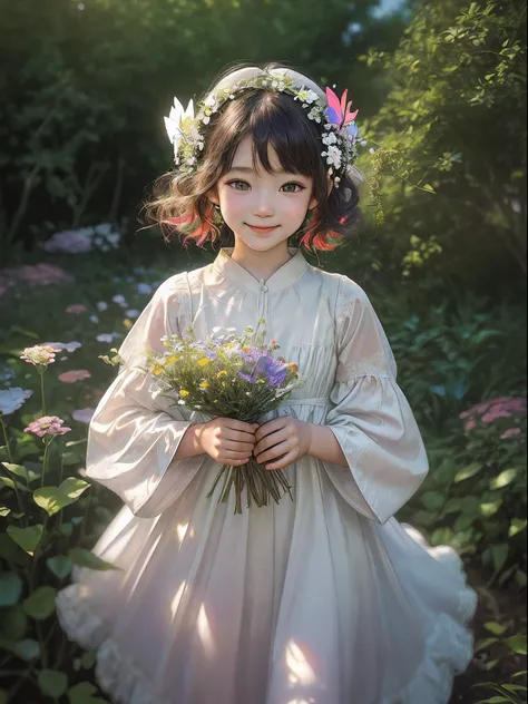 camera: professional DSLR camera, lens: Macro lens with a focal length of about 100mm (Masterpiece, high resolution, photo-realistic:1.4), (Cute Japanese child:1.2), (white flowy dress:1.2), (Run playfully in the garden:1.2), (Lush plants and colorful flow...