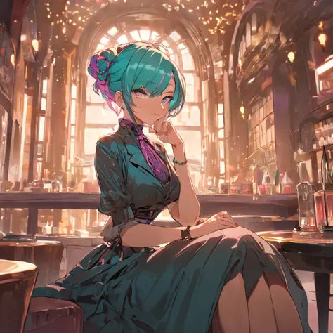 An ultra high-resolution photograph of a stylish cyberpunk gothic flat chested Eurasian librarian immersed in relaxation at a trendy café in the Philippines. With (vibrant rainbow colored blue green pink orange hair) elegantly tied in a bun, she adorns bra...