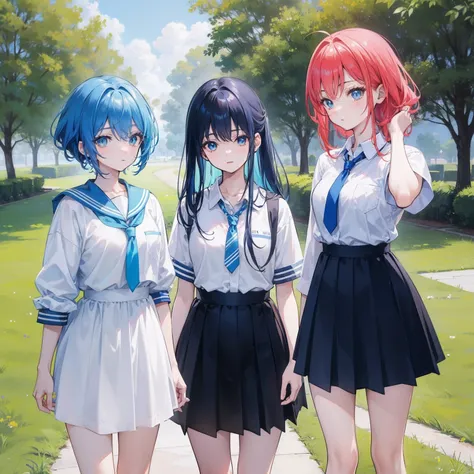 Create an image of three anime characters, Yori, Hina, and Kimi, standing in a college lawn. Yori is a cute, outgoing girl with black hair and blue eyes. She is wearing a white shirt, a dark blue college coat, and a dark blue tie. Hina has blue hair and is...