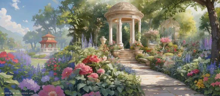 painting of a gazebo surrounded by flowers and trees in a garden, john park, by Arthur Pan, by Kim Hwan-gi, the grand temple of flowers, ( thomas kincade ), by Min Zhen, by Kim Eung-hwan, by John Clayton Adams, celestial gardens, thomas kindkade, by Zhou C...