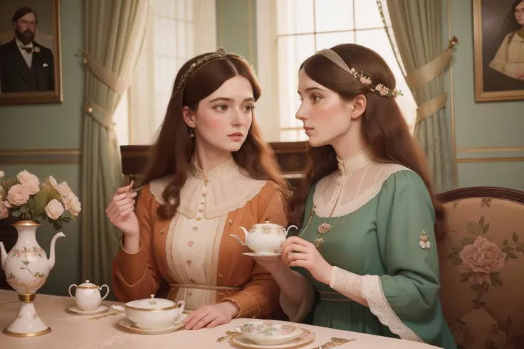 Marry the Pre-Raphaelite aesthetic with Wes Andersons meticulous set design by portraying a woman in her forties, her hair adorned with intricate floral accessories, elegantly sipping tea in a pastel-toned, perfectly symmetrical tearoom overlooking a bustl...