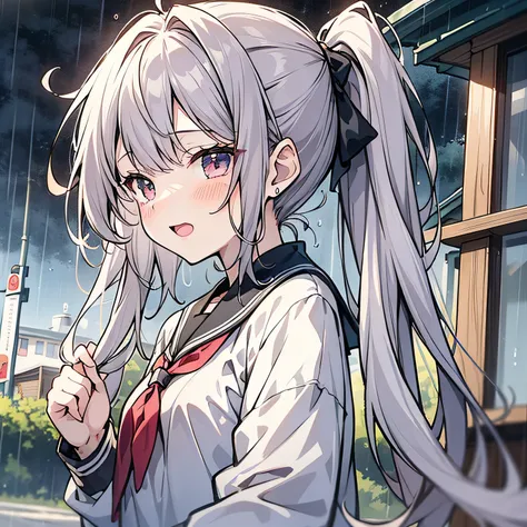 Anime girl around 10 years old，Double ponytail hairstyle 1.5，Long white hair 1.5，Wearing a plain white school uniform，Lying on Daddys back（Open your mouth and laugh 1.5）（Blush 1.5）（Rainy weather 1.5）（The background is under the eaves of the roadside outsid...