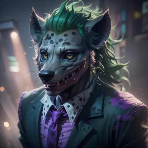 (extremely detailed CG unity 8k wallpaper, masterpiece, best quality, ultra-detailed),(best illumination, best shadow, an extremely delicate and beautiful), high saturation, professional photoshoot, god rays,

animal, (a hyena as joker), (green top hair, w...