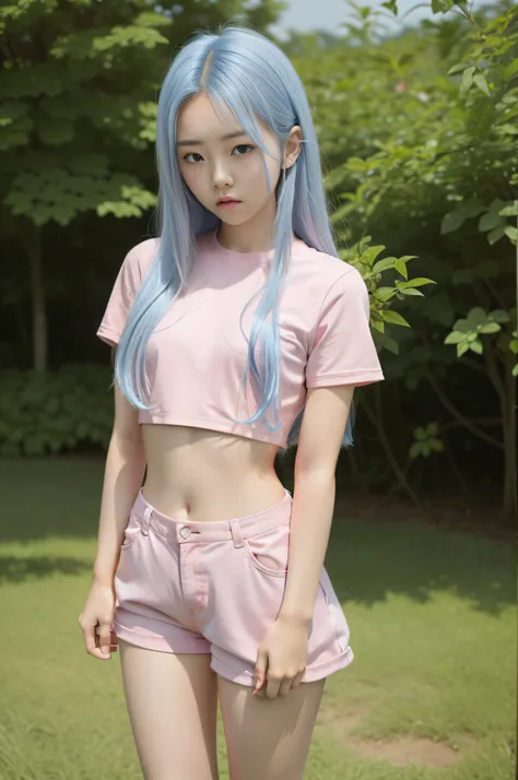 full body, A korean young girl, 15yo, 15 years old korean young girl is in a field, fantasy field, small breast, petite figure, long light blue hair, tight crop top, tight pink shorts, small tits, 1girl in, Rough breath, Frightened look, ((thin-waist)), a ...