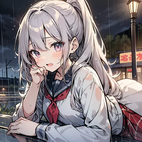 Anime girl around 10 years old，Double ponytail hairstyle 1.5，Long white hair 1.5，Wearing a plain white school uniform，Lying on Daddys back（Open your mouth and laugh 1.5）（Blush 1.5）（Rainy weather 1.5）（The background is under the eaves of the roadside outsid...