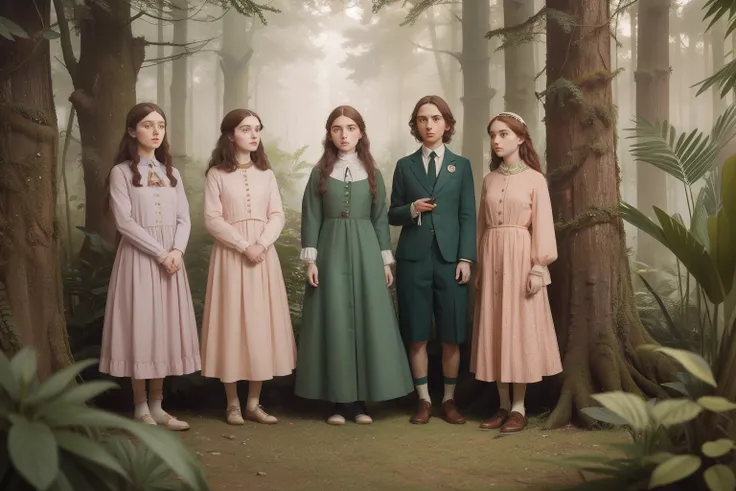 Combine the Pre-Raphaelite fascination with nature and Wes Andersons love for idiosyncratic details: a group of tween friends dressed in pastel attire, exploring an otherworldly forest filled with surreal flora and fauna in the heart of a modern city.