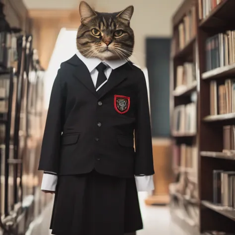 Evil cat standing in black school uniform