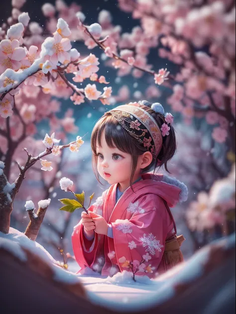 illustration: 1.3), （paper art: 1.4） a 3D render, , (cute female child:1.3), (Representative work plum blossoms:1.2)(Masterpiece snow:1.2) , Colorful, Best quality, Detailed details, Masterpiece, offcial art, movie light effect, 4K, Chiaroscuro , Flash