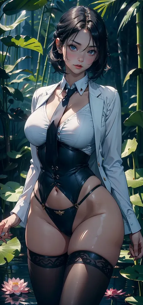 1female，huge tit，long leges，Big breasts Thin waist， 独奏，（Background with：the rainforest，lotus flower，lotuses，grape trees，Ground area water，Lotus pond，bamboo forrest） She has very short black hair，bobo head，Combat posture，seen from the front， hair straight， ...