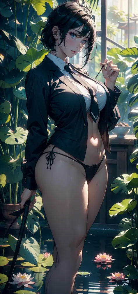 1female，huge tit，long leges，Big breasts Thin waist， 独奏，（Background with：the rainforest，lotus flower，lotuses，grape trees，Ground area water，Lotus pond，bamboo forrest） She has very short black hair，bobo head，Combat posture，seen from the front， hair straight， ...