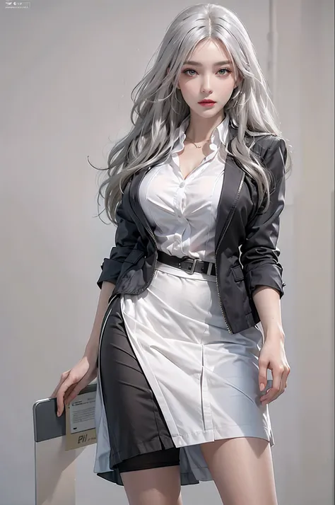 Photorealistic, high resolution, 1 Women, Solo, Hips up, view the viewer, (Detailed face), White hair, Long hair, Secretary uniform, Skirt