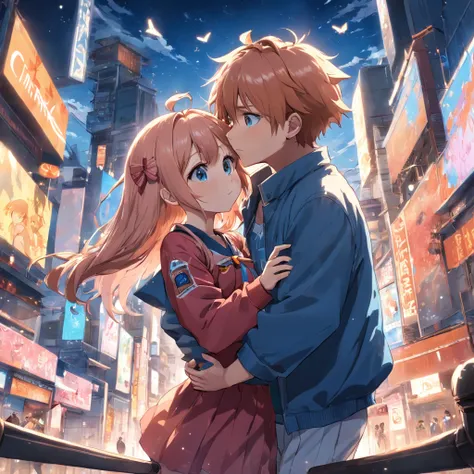 two couple hugging each other anime, they are falling love, cute girl, beautiful face, inner t-shirt, denim jacket,  several color flying butterfly, daylight, blue sky, on the balcony, 4k, realistic quality, border frame, dynamic anime , dynamic image, hig...