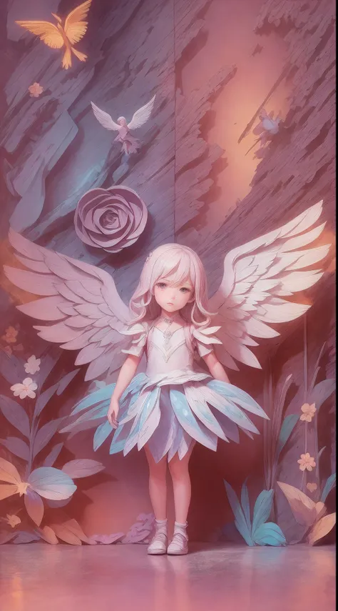 illustration: 1.3), paper art, 3D rendering of, Colorful background, （cute female child: 1.3), (Masterpiece Angel: 1.2) ), Colorful, Best quality, Detailed details, Masterpiece, offcial art, movie light effect, 4K, Chiaroscuro , Flash