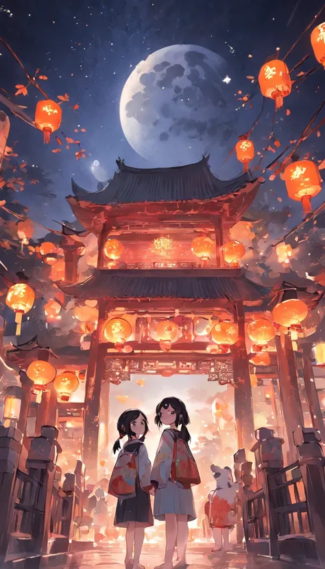 On the night of the Mid-Autumn Festival，A bright full moon hangs over the starry night sky，A spacious square is illuminated。In the middle of the square，Two charming giant pandas standing under the moon，Their black and white colors are particularly vivid in...