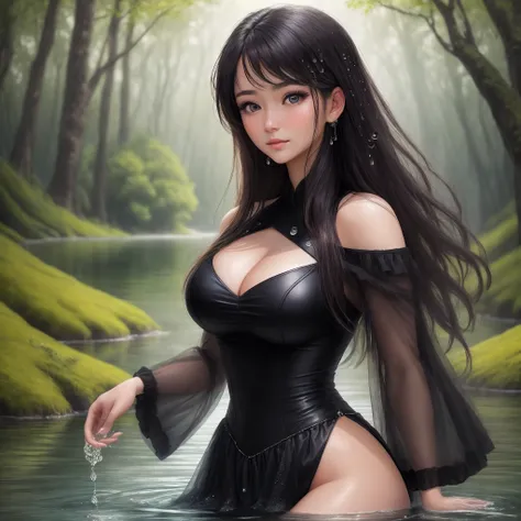 best qualtiy，tmasterpiece，Large breasts，二重まぶた，largeeyes，A beauty，Beautiful eyes，bshoulders，with fair skin，Incredibly ultra-detailed，stunningly realistic，exteriors，ln the forest，sentado em frente a um lago，best qualtiy，tmasterpiece，cabelos preto e longos，Si...