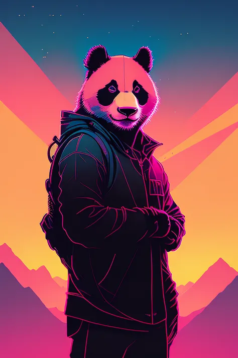 (nvinkpunk:1) (snthwve style:0.8) panda portrait, anthro, lightwave, sunset, intricate, highly detailed , cinematic angles