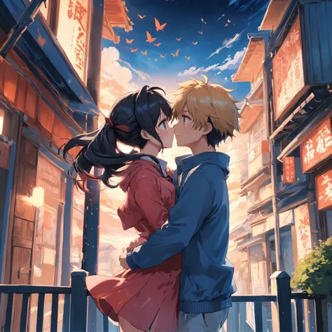 two couple hugging each other anime, they are falling love, cute girl, beautiful face, inner t-shirt, denim jacket,  several color flying butterfly, daylight, blue sky, on the balcony, 4k, realistic quality, border frame, dynamic anime , dynamic image, hig...