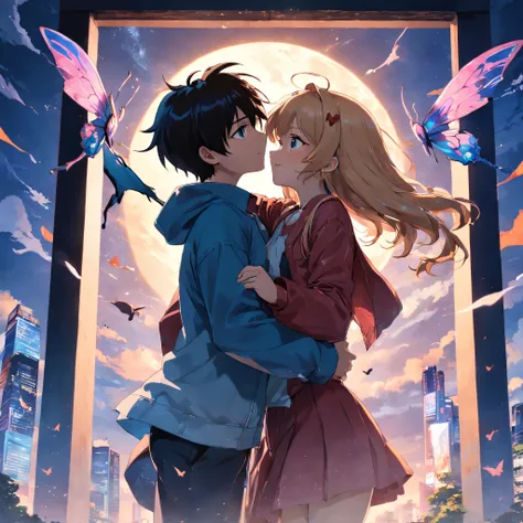 two couple hugging each other anime, they are falling love, cute girl, beautiful face, inner t-shirt, denim jacket,  several color flying butterfly, daylight, blue sky, on the balcony, 4k, realistic quality, border frame, dynamic anime , dynamic image, hig...