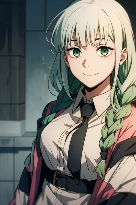 Kimetsu no Yaiba style, 1 girl, a hashira, pretty, white hair and green hair with a hint of blue at the ends, braided hair, cute, gentle, smiling