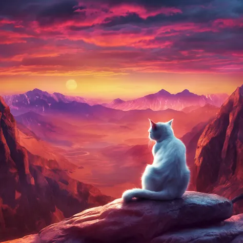 Cat on top of mountain with sunset