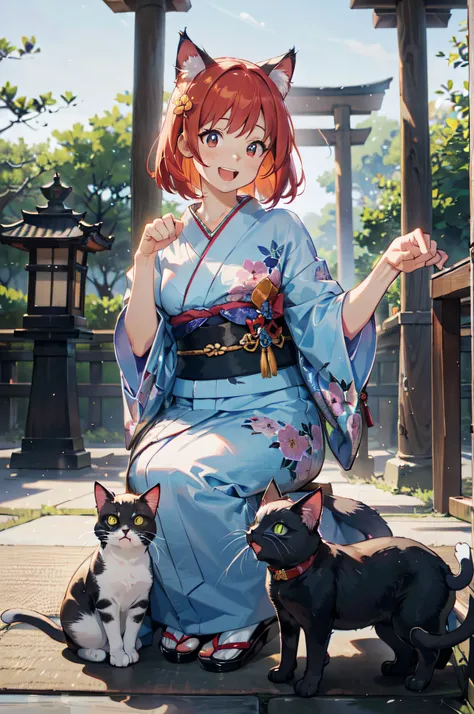 masutepiece, Best Quality, Detailed beautiful face and eyes, Full body, The best illustrations, PastelColors, (jpn、Shrine 1.4), Red torii gate, beauitful face, blurry backround, 10 year old beautiful girl, shinny skin, (１The tail of a cat in a book grows:1...