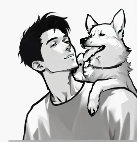 A man and a dog smiling Alaskan dog, Realistic picture, High-quality fanart, comic drawing style, with his hyperactive little dog, in an anime style, plethora of colors，Inspired by Caspar Wolffs traditional painting style,  devianart trending, beautiful dr...