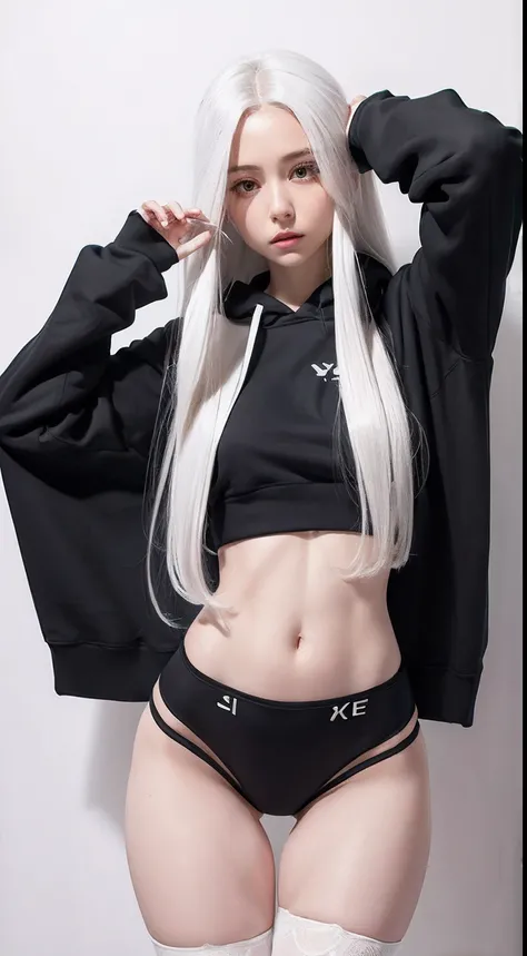 dynamic pose, 1girl, long white hair, delicate face, intricate details, black hoodie, gray undies, small waist, ((wide thigh gap, wide legs):1.3), white background, masterpiece