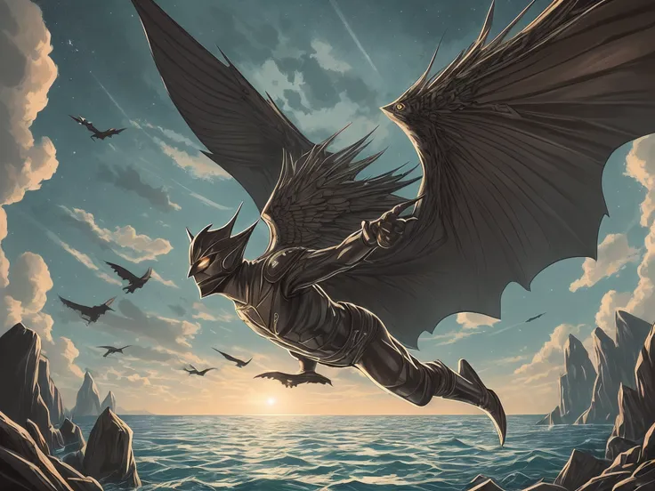 Illustration of a man with batwings flying close above the water in a dark cave --auto --s2