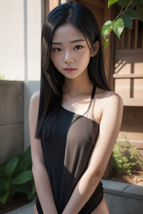 portrait, 18 year old girl, Asian, realistic face, looks at viewers face, (((naked))), outside,