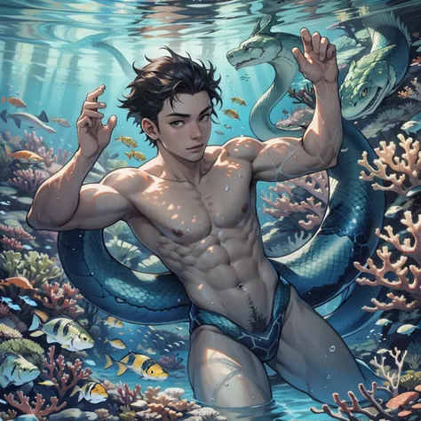 A boy swims at the bottom of the sea，Raised sexy，serpent