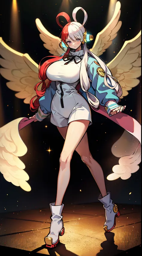 one piece dream singer UTA, one piece art style, red color ribbon shape hair style, wears a set of golden cone-shaped headphones with light-blue bands over her ears, white maid jumpsuit, golden color gauntlet, golden color armor shoes, cute unzip wind brea...