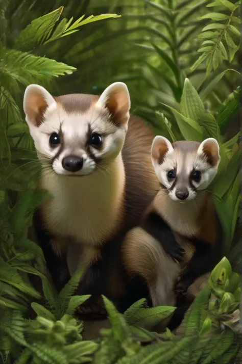 High nation-geographic symmetrical close-up portrait shoot in green jungle of an expressive Black Footed Ferret, anamorphic lens, ultra-realistic, hyper-detailed, green-core, jungle-core –ar 16:9 –q 2 –v 5 rtx on --ar 73:128 --s 750 --v 5. 2