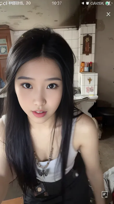 Woman with long black hair and white vest,With butterfly necklace，Black pantsuit， cruel korean goth girl, She leaned forward，Face the lens, young cute wan asian face, An Asian woman, shaxi, A young Asian woman, gongbi, Chinese girl, 8k selfie photograph, L...