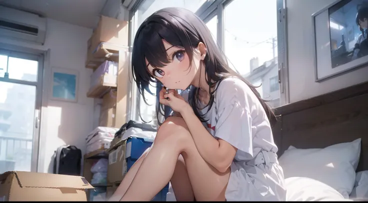 a pregirl，Cross-legged，Sitting in a bit of a messy room，Wearing very wide white clothes，There was a cardboard box in front of the girl，The girls expression is boring，The perspective of the inspection is from the top down，plethora of colors，tmasterpiece，Ove...